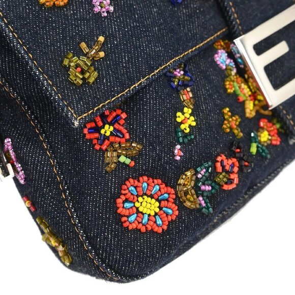 Fendi Navy Denim Beaded Baguette Handbag - Picture 7 of 10